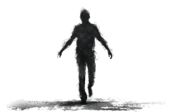 A solitary dark shadowy figure of a person walking forward with arms outstretched isolated on transparent background