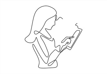 Person Using Tablet in Line	. continuous line drawing. Editable stroke.