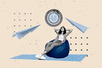 Full 3d art pop image collage of happy businesswoman sit beanbag power button paper plane flight progress statistics chance