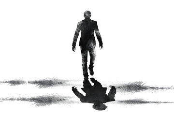 Ethereal figure of a person standing with a ghostly reflection on a dark transparent background isolated on transparent background