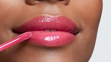 A woman skillfully applies a glossy pink lip gloss, accentuating her lips. The close-up reveals the shine and texture, creating a fresh, lively appearance