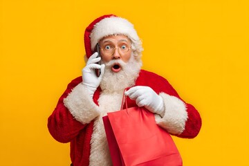 Christmas man talking on phone holding gift bag.