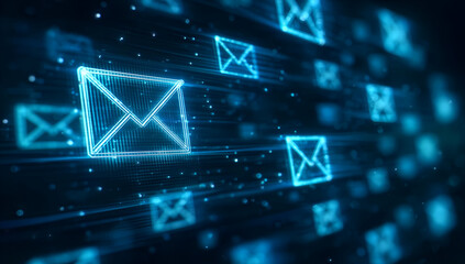 A visual representation of digital communication with glowing email icons in a futuristic network.