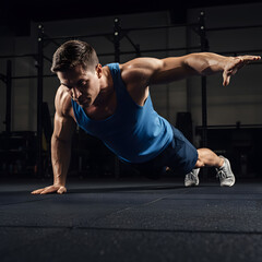 Fototapeta premium Muscular Man Doing a One-Arm Push-Up or Plank in a Gym
