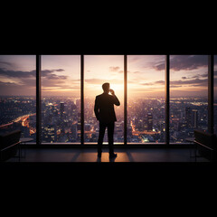 Fototapeta premium Businessman on a Phone Call Standing in Front of a Large Office Window Overlooking a City Sunset