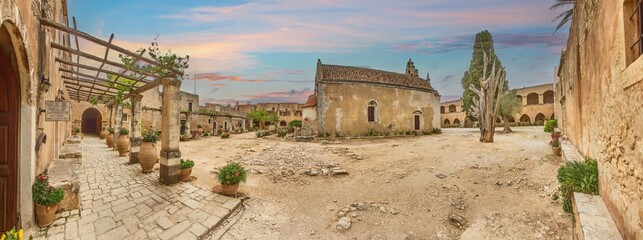 Wide courtyard view of Arkadi Monastery Crete