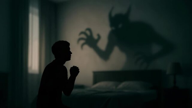 A man's silhouette prays in a dark room, facing a monstrous shadow. This eerie scene depicts fear, nightmares, and spiritual struggle.