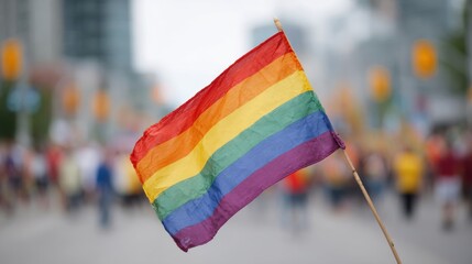 Rainbow Flag Waving At Pride Parade With Blurred City Background. Symbol Of Lgbtq Community And Celebration Of Diversity