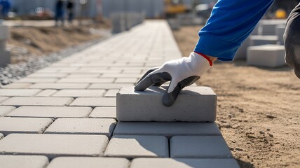 Worker laying paving stones on a pathway creating a durable and aesthetically pleasing surface for landscaping and construction projects