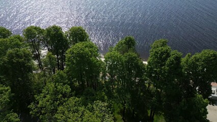 Sunlight reflecting on water surface next to green park. Clip