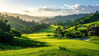 Lush Green Golf Course Rolling Hills Bathed in Golden Sunlight with Dramatic Clouds and Distant Haze