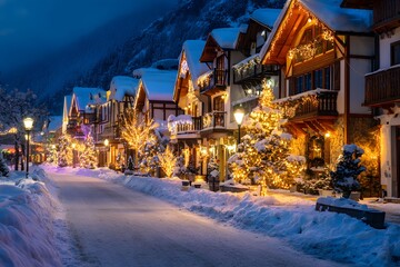 Fototapeta premium A snowy street lined with festive Christmas trees and illuminated houses lights up the winter night.