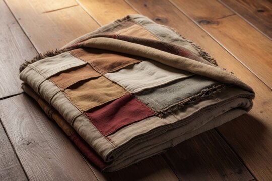 Gepackte Decke aus Stoff auf Holzfu&szlig;boden, vintage Stimmung