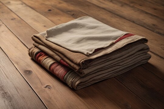 Gepackte Decke aus Stoff auf Holzfu&szlig;boden, vintage Stimmung