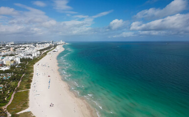 Miami cityscape with skyscrapers and ocean. Miami Beach from above. Miami skyline from top.