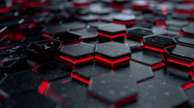 ia generated. A futuristic 3D abstract pattern made of shiny black hexagons arranged in a honeycomb structure. The hexagons rise to different levels.