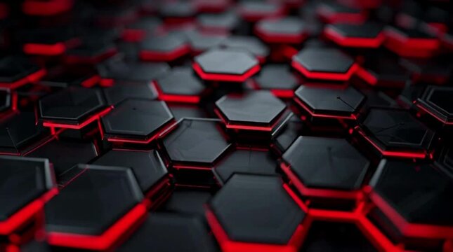 ia generated. A futuristic 3D abstract pattern made of shiny black hexagons arranged in a honeycomb structure. The hexagons rise to different levels.