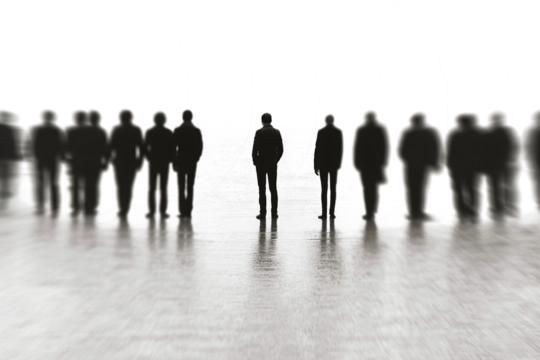 Group of stylized human figures standing in a line isolated on transparent background