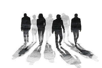 Group of shadowy figures with long distorted shadows isolated on transparent background