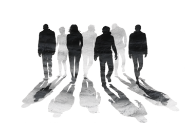 Group of shadowy figures with long distorted shadows isolated on transparent background