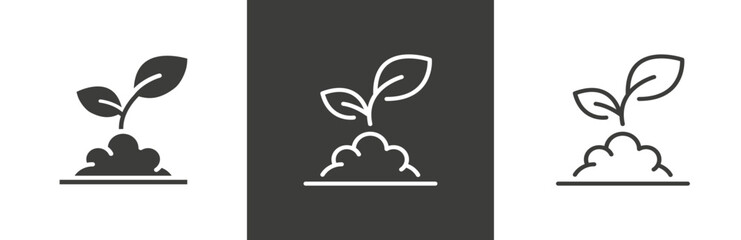 flat and linear set icons, seedling in the soil, growth plant icon, outline flower leaf, simple symbols on white and black background - editable stroke vector illustration