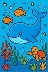 Obraz premium Cute Cartoon Whale, Sea Turtle, and Fish Swimming in the Underwater Ocean