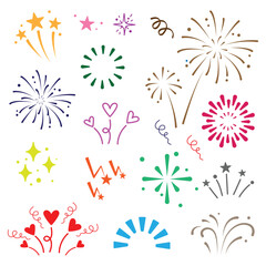 Obraz premium Hand drawn doodle star shapes and birthday confetti with cute sparkle, holiday twinkle brush elements, and glowing cartoon kid pattern. Star background confetti set. Hand drawn style for a firework.