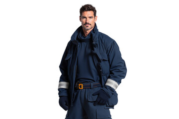 Confident firefighter in uniform, isolated on white background