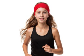 Energetic young girl in athletic wear running with determination, isolated on transparent background