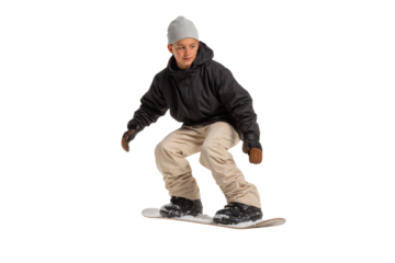 Young snowboarder in winter gear, capturing the thrill of snow sports, isolated on transparent background