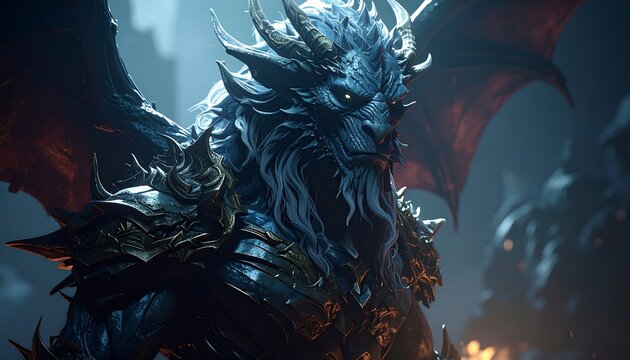 Dark, regal, monstrous creature with wings, detailed fur, ornate armor, and a fiery background
