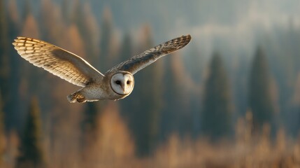 Obraz premium Barn Owl In Flight Over Forest Landscape At Sunset. Symbol Of Wisdom And Mystery In Nature