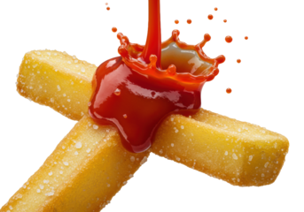 A single, perfectly golden-fried, salted, thick-cut french fry on transparent. Vibrant red ketchup dynamically cascades and splashes, revealing fluffy white potato pulp. Extreme close-up studio shot,