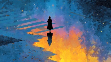 Naklejka premium Silhouette of a lone figure near a tranquil body of water, vibrant reflections, calm serenity, ideal for meditation themes.