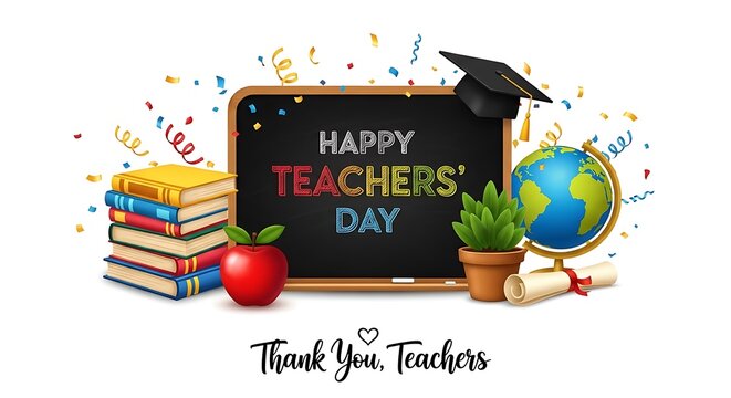A chalkboard with happy teachers day written on it, surrounded by books, an apple, a globe, a plant, and confetti, with thank you, teachers text below, isolated on white background