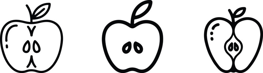 Half, Cut Apple Fruit Icon Set, Healthy Food Outline Vector
