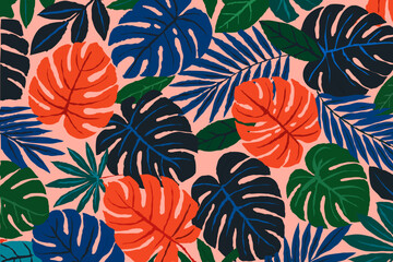 Seamless tropical leaf pattern with monstera and palm in bold red, blue, green, and navy on pink. Vibrant vector ideal for wallpaper, fabric, packaging, branding, and summer design.