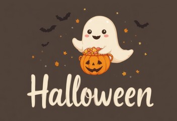  A cute smiling ghost holding a pumpkin bucket with candies, floating above the handwritten Halloween