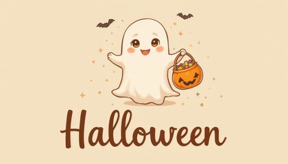  A cute smiling ghost holding a pumpkin bucket with candies, floating above the handwritten Halloween