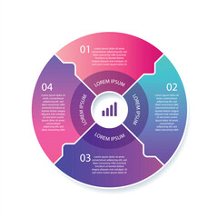 Modern infographic with five circular stages in a colorful gradient flow for business presentations and data visualization.
Four interconnected circular steps with numbers and text placeholders for pr