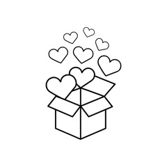 Open box with hearts line art vector illustration