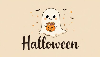  A cute smiling ghost holding a pumpkin bucket with candies, floating above the handwritten Halloween
