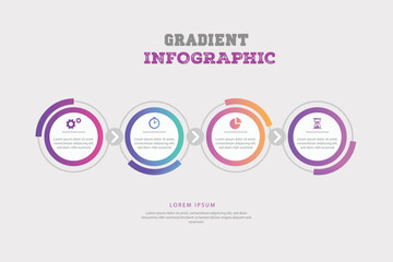 Modern infographic with five circular stages in a colorful gradient flow for business presentations and data visualization.
Four interconnected circular steps with numbers and text placeholders for pr