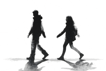 Silhouettes of a man and woman walking together reflecting on a wet surface isolated on transparent background