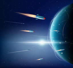 Fototapeta premium Nuclear missiles flying toward planet Earth, view from space. Vector illustration