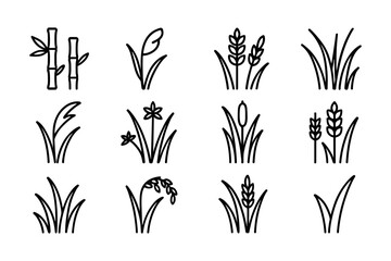 Minimalist plant and grass icons set featuring bamboo and wheat