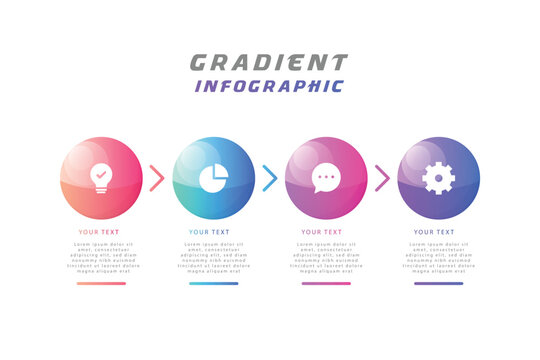 Circular infographic with six colorful numbered steps arranged around a central text box.
Modern business infographic with four colorful steps showing growth and progress.
