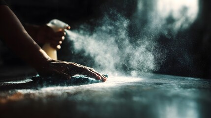 Obraz premium A hand sprays a cleaning solution onto a surface creating a visible mist of particles illuminated by dramatic light