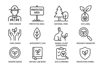 Environmental conservation icons: park ranger, eco label, biodiversity, and more