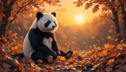 beautiful illustration of a panda sitting in the autumn leaves